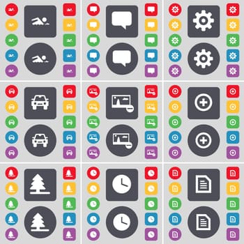 Swimmer, Chat bubble, Gear, Car, Picture, Plus, Firtree, Clock, Text file icon symbol. A large set of flat, colored buttons for your design. illustration