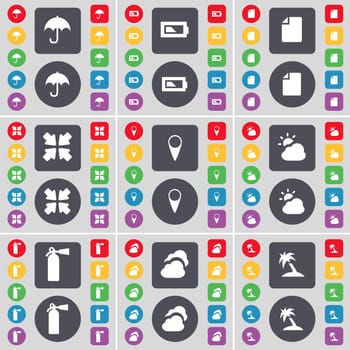 Umbrella, Battery, File, Deploying screen, Checkpoint, Cloud, Fire extinguisher, Cloud, Palm icon symbol. A large set of flat, colored buttons for your design. illustration