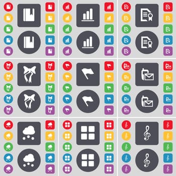 Dictionary, Diagram, Text file, Bow, Flag, SMS, Cloud, Apps, Clef icon symbol. A large set of flat, colored buttons for your design. illustration