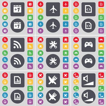 Plus one, Airplane, File, RSS, Wrench, Gamepad, Diagram file, Fork and knife, Volume icon symbol. A large set of flat, colored buttons for your design. illustration