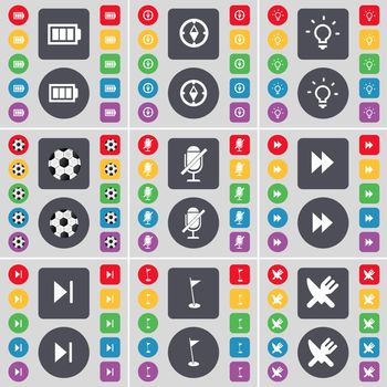 Battery, Compass, Light Bulb, Ball, Microphone, Rewind, Media skip, Golf hole, Fork and knife icon symbol. A large set of flat, colored buttons for your design. illustration