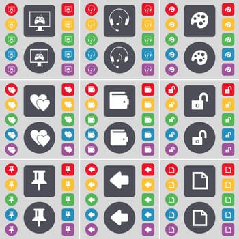 Monitor, Headphones, Palette, Heart, Wallet, Lock, Pin, Arrow left, File icon symbol. A large set of flat, colored buttons for your design. illustration