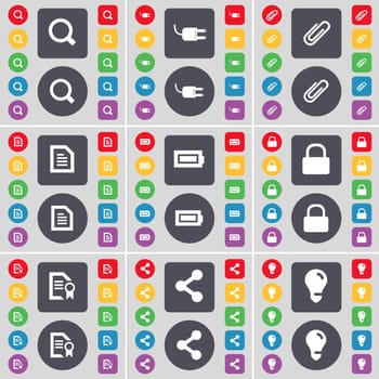 Magnifying glass, Socket, Clip, Text file, Battery, Lock, File, Share, Light bulb icon symbol. A large set of flat, colored buttons for your design. illustration