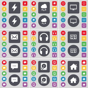 Flash, Cloud, Monitor, Message, Headphones, Contact, Chat bubble, Hard drive, House icon symbol. A large set of flat, colored buttons for your design. illustration