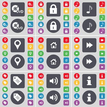DVD, Lock, Note, Checkpoint, House, Rewind, Tag, Sound, Information icon symbol. A large set of flat, colored buttons for your design. illustration
