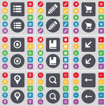 List, Pencil, Shopping cart, Arrow down, Dictionary, Deploying screen, Checkpoint, Magnifying glass, Arrow left icon symbol. A large set of flat, colored buttons for your design. illustration