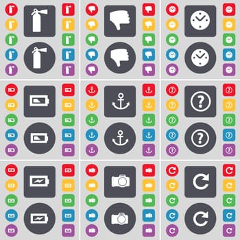 Fire extinguisher, Dislike, Clock, Battery, Anchor, Question mark, Charging, Camera, Reload icon symbol. A large set of flat, colored buttons for your design. illustration