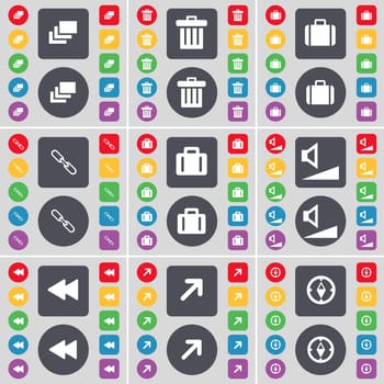 Gallery, Trash can, Suitcase, Link, Suitcase, Volume, Rewind, Full screen, Compass icon symbol. A large set of flat, colored buttons for your design. illustration