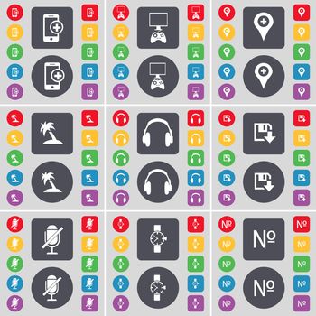 Smartphone, Game console, Checkpoint, Palm, Headphones, Floppy, Microphone, Wrist watch, Number icon symbol. A large set of flat, colored buttons for your design. illustration