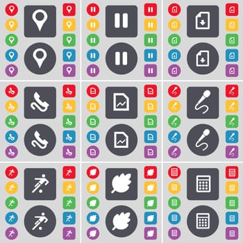 Checkpoint, Pause, Download file, Receiver, Graph file, Microphone, Football, Leaf, Calculator icon symbol. A large set of flat, colored buttons for your design. illustration