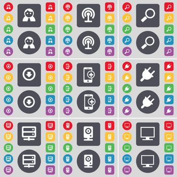 Avatar, Wi-Fi, Magnifying glass, Arrow down, Smartphone, Socket, Server, Speaker, Monitor icon symbol. A large set of flat, colored buttons for your design. illustration
