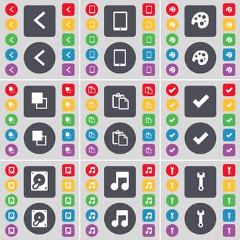 Arrow left, Tablet PC, Palette, Copy, Survey, Tick, Hard drive, Note, Wrench icon symbol. A large set of flat, colored buttons for your design. illustration