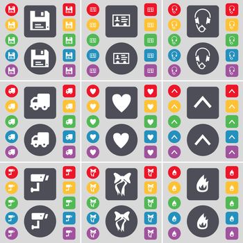 Floppy, Contact, Headphones, Truck, Heart, Arrow up, CCTV, Bow, Fire icon symbol. A large set of flat, colored buttons for your design. illustration