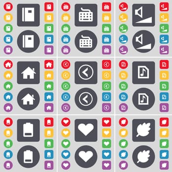 Notebook, Keyboard, Volume, House, Arrow left, Music file, Battery, Heart, Leaf icon symbol. A large set of flat, colored buttons for your design. illustration