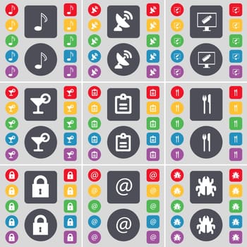 Note, Satellite dish, Monitor, Cocktail, Survey, Fork and knife, Lock, Mail, Bug icon symbol. A large set of flat, colored buttons for your design. illustration
