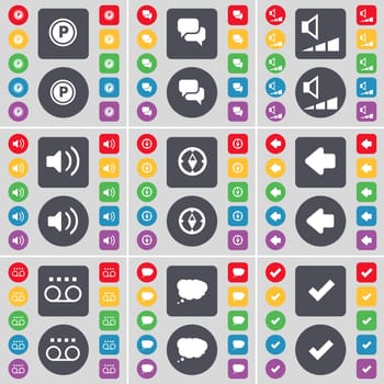 Parking, Chat, Volume, Sound, Compass, Arrow left, Cassette, Chat cloud, Tick icon symbol. A large set of flat, colored buttons for your design. illustration