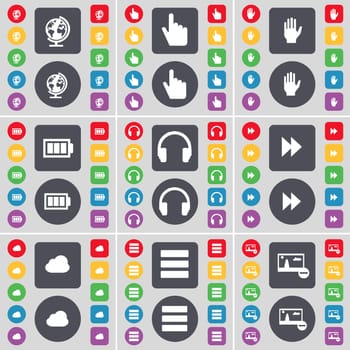 Globe, Hand, Battery, Headphones, Rewind, Cloud, Apps, Picture icon symbol. A large set of flat, colored buttons for your design. illustration