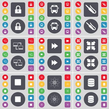 Lock, Bus, Microphone connector, Connection, Rewind, Deploying screen, Media stop, Star, Database icon symbol. A large set of flat, colored buttons for your design. illustration