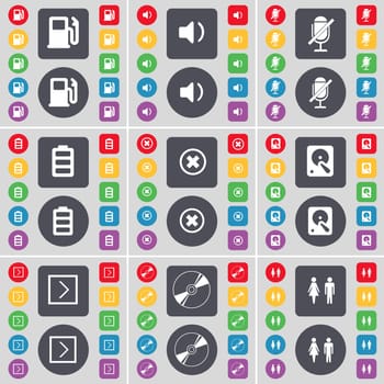 Gas station, Sound, Microphone, Battery, Stop, Hard drive, Arrow right, Disk, Silhouette icon symbol. A large set of flat, colored buttons for your design. illustration