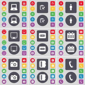 Laptop, Survey, Silhouette, Monitor, Cassette, Calendar, Camera, Notebook, Receiver icon symbol. A large set of flat, colored buttons for your design. illustration