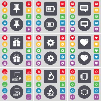 Pin, Battery, Chat bubble, Gift, Gear, Heart, PC, Microscope, Smartphone icon symbol. A large set of flat, colored buttons for your design. illustration