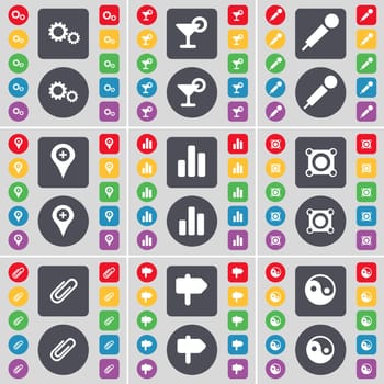 Gear, Cocktail, Microphone, Checkpoint, Diagram, Speaker, Clip, Signpost, Yin-Yang icon symbol. A large set of flat, colored buttons for your design. illustration