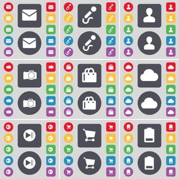 Message, Microphone, Avatar, Camera, Shopping bag, Cloud, Media skip, Shopping cart, Battery icon symbol. A large set of flat, colored buttons for your design. illustration