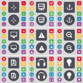 Compass, Server, Anchorr, Monitor, Warning, Magnifying glass, ZIP file, Headphones, Light bulb icon symbol. A large set of flat, colored buttons for your design. illustration