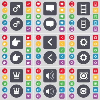 Mars symbol, Chat bubble, Negative films, Hand, Arrow left, Gear, Crown, Sound, Speaker icon symbol. A large set of flat, colored buttons for your design. illustration