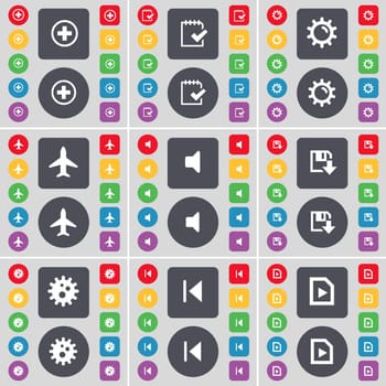Plus, Survey, Gear, Airplane, Sound, Floppy, Gear, Media skip, Media file icon symbol. A large set of flat, colored buttons for your design. illustration