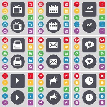 Retro TV, Calendar, Graph, Printer, Message, Chat bubble, Media play, Megaphone, Clock icon symbol. A large set of flat, colored buttons for your design. illustration