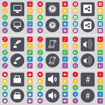 Monitor, Parking, Share, Inkpen, Scroll, Sound, Lock, Sound, Hashtag icon symbol. A large set of flat, colored buttons for your design. illustration