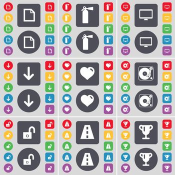 File, Fire extinguisher, Monitor, Arrow down, Heart, Gramophone, Lock, Road, Cup icon symbol. A large set of flat, colored buttons for your design. illustration