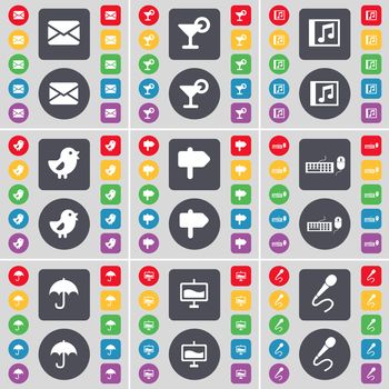 Message, Cocktail, Music window, Bird, Signpost, Keyboard, Umbrella, Graph, Microphone icon symbol. A large set of flat, colored buttons for your design. illustration