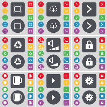 Frame, Cloud, Arrow right, Recycling, Volume, Lock, Cup, Media play, Gear icon symbol. A large set of flat, colored buttons for your design. illustration