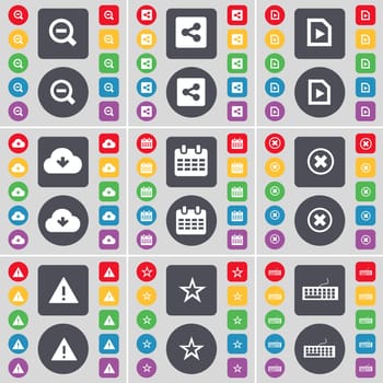 Magnifying glass, Share, Media file, Cloud, Calendar, Stop, Warning, Star, Keyboard icon symbol. A large set of flat, colored buttons for your design. illustration