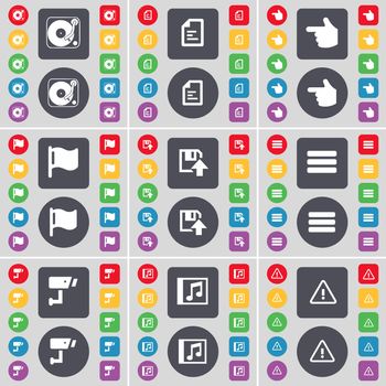 Gramophone, Text file, Hand, Flag tower, Floppy, Apps, CCTV, Music window, Warning icon symbol. A large set of flat, colored buttons for your design. illustration