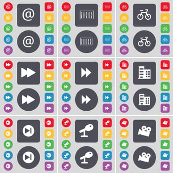 Mail, Equalizer, Bicycle, Rewind, Building, Media skip, Microphone, Film camera icon symbol. A large set of flat, colored buttons for your design. illustration