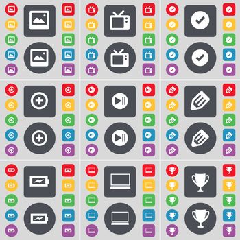 Media window, Retro TV, Tick, Plus, Media skip, Pencil, Charging, Laptop, Cup icon symbol. A large set of flat, colored buttons for your design. illustration