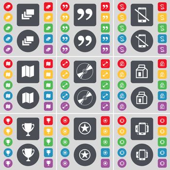 Gallery, Quotation mark, Smartphone, Map, Disk, Packing, Cup, Star, Smartphone icon symbol. A large set of flat, colored buttons for your design. illustration