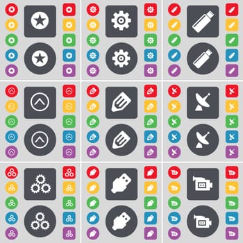 Star, Gear, USB, Arrow up, Pencil, Satellite dish, Gear, USB, Film camera icon symbol. A large set of flat, colored buttons for your design. illustration