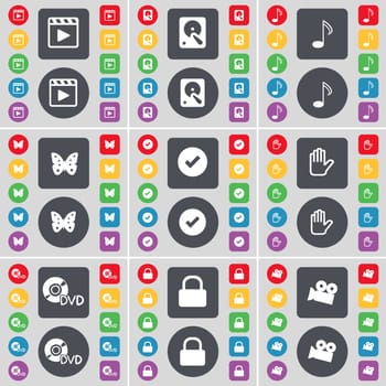 Media player, Hard drive, Note, Butterfly, Tick, Hand, DVD, Lock, Film camera icon symbol. A large set of flat, colored buttons for your design. illustration