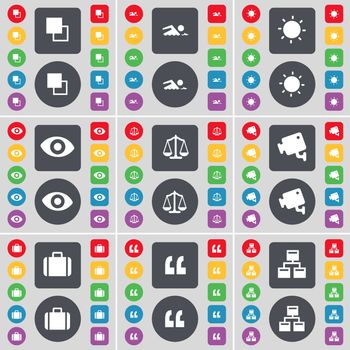 Copy, Swimmoer, Light, Vision, Scales, CCTV, Suitcase, Quotation mark, Network icon symbol. A large set of flat, colored buttons for your design. illustration