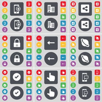 Smartphone, Building, Share, Lock, Arrow left, Planet, Tick, Hand, SMS icon symbol. A large set of flat, colored buttons for your design. illustration