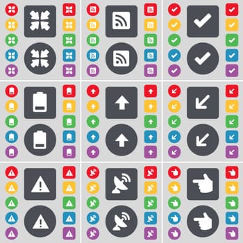 Deploying screen, RSS, Tick, Battery, Arrow up, Warning, Satellite dish, Hand icon symbol. A large set of flat, colored buttons for your design. illustration