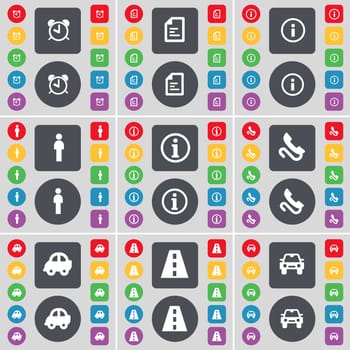 Alarm clock, Text file, Information, Silhouette, Receiver, Car, Road icon symbol. A large set of flat, colored buttons for your design. illustration