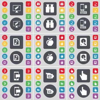 Monitor, Binoculars, Smartphone, Music file, Apple, Hard drive, SMS, Film camera, Hand icon symbol. A large set of flat, colored buttons for your design. illustration