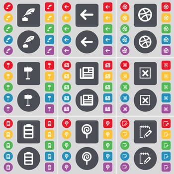 Ink pot, Arrow left, Ball, Sighpost, Newspaper, Stop, Battery, Lollipop, Notebook icon symbol. A large set of flat, colored buttons for your design. illustration