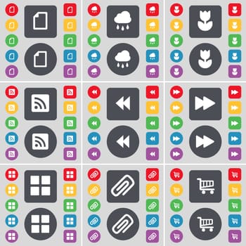 File, Cloud, Flower, RSS, Rewind, Apps, Clip, Shopping cart icon symbol. A large set of flat, colored buttons for your design. illustration