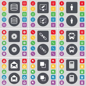Database, Monitor, Silhouette, Lens, Link, Bus, Message, Copy, Calculator icon symbol. A large set of flat, colored buttons for your design. illustration